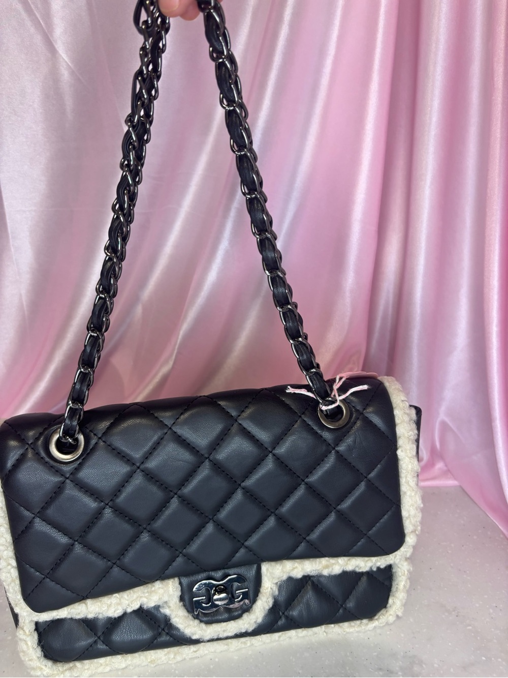 Gilda Paris Black Quilted Shoulder Bag with Shearling Trim and Chain Strap